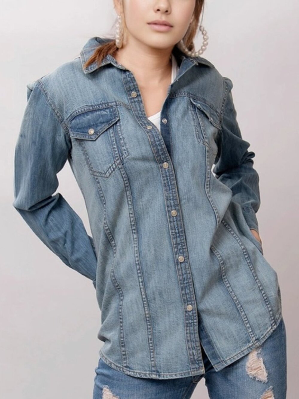 Western Denim Shirt with Hand-Tooled Red Rose Leather Yoke Large - Picture 2 of 6